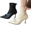 Botines de tacón alto con lazo, botines cortos de mujer, botines de cuero para primavera y otoño, punta fina, estilo nuevo botines sencillos 2026, tela delgada de moda imitación