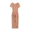 3304-24 Primavera Nuevo Estilo Europeo y Americano Ajustado Una pieza Cintura Encaje Cuello U Manga Corta Vestido Cadera