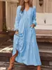 Otoño e invierno 2023 ropa de mujer de comercio exterior europea y americana botón algodón y lino retro casual vestido de manga larga falda larga de gran vuelo multicolor
