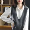Moda Feminina Nova Primavera 2026 Design de Gola V Cor Sólida Simples Versátil Todo em Lã Modelagem Solta Colete de Tricô