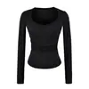 Camiseta base puramente seductora de cuello cuadrado y manga larga para primavera y otoño, corte ajustado, entallada en la cintura, estilo corto, adelgazante, acentuando las clavículas, top interior de nicho para chica hot