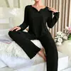 Conjunto de pijama de canalé de manga larga estilo francés para mujer, colección primavera y otoño, cuello en V con lazo y ribete de volantes, corte holgado, adecuado para usar como ropa de estar o como prenda exterior