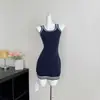 Nuevo vestido interior sexy de corte ajustado con tirantes de color contrastante, vestido de punto en blanco y negro, talla única