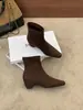 Botines cuadrados de punta cuadrada estilo coreano Chuyuji para mujer, botines de gamuza elástica de invierno, tacón grueso, elegantes botines ajustados con cremallera trasera, botines