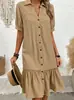 Ropa de Otoño Europea 2026 para Mujer Temperamento Elegante Moda Estilo Neutro Manga Corta Solapa Cárdigan Color Sólido Vestido Largo
