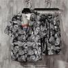 Camisa de praia havaiana com flores, conjunto bonito masculino de rufião, bonito, moderno, manga curta, shorts, hip-hop, roupa de duas peças