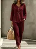 Traje casual casual de dos piezas para mujer, nuevo, transfronterizo europeo y americano, color liso, con botones, cuello en V