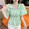 Camisa Feminina Nova de Verão de Manga Curta Transfronteiriça, Gola Quadrada Floral, Super Fada, Doce, Cintura Marcada, Camisa Fashion, Top Curto, Tendência