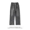 Jeans de pierna recta al por mayor transfronterizos para hombre, nuevos estilos de primavera/otoño, diseño de patchwork, acabado lavado y desgastado, azul vintage, con detalles de cuerda de cáñamo, pantalones de largo hasta el suelo