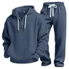 Conjunto casual esportivo masculino de duas peças, malha waffle lisa, manga longa e calça longa, best-seller europeu e americano transfronteiriço