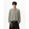 Camiseta masculina de manga longa com gola texturizada Henry, outono simples relaxada estilo americano moderna solta casual básica, algodão