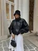 Chaqueta corta de cuero PU de estilo europeo y americano con cuello alto, talla grande, para mujer, estilo callejero casual holgado, versátil estilo motero