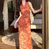 En stock De Yishiyi [Color Esmaltado] Vestido de Lino con Cuello Halter Estampado Retro con Cinturón Suave Vestido Largo