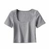 Camiseta de manga corta ajustada con cuello grande para mujer, estilo ins europeo y americano, ombligo al descubierto, para deportes y fitness, camiseta base elástica para mujer