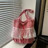 Moda Primaveral 2026 Bolso de Hombro Grande Simple Versátil Lindo de un Solo Hombro Estilo Universitario Bolso Cruzado de Cuadros con Encaje