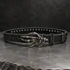 Cinturón de hebilla de calavera estilo punk oscuro con remaches incrustados de diamantes, cinturón de cuero personalizado de moda subcultural para hombres y mujeres