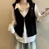 Ropa para mujer de talla grande: un elegante conjunto de dos piezas de chaleco y camisa que disimula el abdomen, perfecto para el otoño, diseñado para hacer que las mujeres de talla grande luzcan más delgadas, con un ajuste normal en los hombros y mangas largas