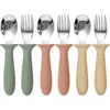 Colher com Cabo de Silicone para Bebê Garfo e Colher de Aço Inoxidável 304 com Cabo Curto Conjunto de Louças para Suplemento Alimentar de Bebê