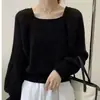 Tejido Grueso para Mujer Diseño Otoño e Invierno 2025 Nicho Cuello Cuadrado Mangas de Linterna Holgado Top de Punto Básico