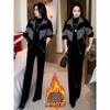 Traje Casual Grueso Forrado de Polar 2025 para Mujer, Chaqueta Casual de Retazos a Cuadros con Pantalones de Pierna Ancha, Conjunto de Dos Piezas Elegante que Reduce la Edad para Invierno