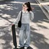 Conjunto de Top Estilo Coreano con Cuello Polo Adornado con Encaje Dulce y Jeans con Lazo para Niñas, Primavera y Otoño 2026
