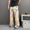 Personalidad de Nicho Estampado American Graffiti Pierna Ancha Pierna Recta Jeans Sueltos de Mezclilla Pantalones Largos Rígidos Sueltos Casuales