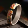 Joias de Prata: Prata Pura 999.9 Esmaltado Pintado a Ouro Pulseira Estilo Nacional com Design Aberto e Padrão de Peixe Duplo, Nova Pulseira Aberta Estilo Chinês para Mulheres