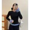 Foto Real de Camiseta de Manga Larga con Bloques de Color de Lunares y Encaje de Estilo Coreano, Manga Acampanada, para Mujer, Primavera, Ajustada, Falso Dos Piezas