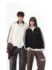 Sudadera cárdigan de retazos bicolor con bordado de letras para hombre, corte holgado, textura de rayas verticales, chaqueta resistente de estilo americano de marca de moda con cuello alto