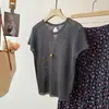 Camiseta de Verano Nueva para Mujer, Estilo Coreano, de Tencel y Lino, Cuello Redondo, Tejida, Manga Corta, Ajustada, Elegante, con Mangas Acampanadas