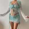 CN0288 Novo conjunto de três peças de tricô com contas para mulheres europeias e americanas, estação independente AliExpress