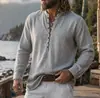 Amazon Transfronteiriça Masculina de Linho Casual com Gola Alta Camiseta Henley de Manga Longa Material de Linho Camisa Henley Vintage
