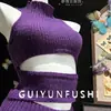 Guiyun Nuvem Rosa Lingerie Sexy Púrpura Puro Suéter Vazado Gola Alta Bodycon Sexy Conjunto de Saia Curta