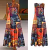 Vestido estampado vintage popular de Amazon algodón y lino talla grande top para mujer cuello en V sin mangas bolsillo verano gran vuelo