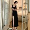Vestido Largo Ajustado, Sexy, Estilo Maduro con Abertura, Nuevo Estilo Vestido Negro de Tirantes Finos para Chica Popular, Vestido Bodycon de Verano para Mujer