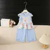 Conjunto de Colete de Verão para Meninas 2025 Nova Moda Infantil Roupa de Verão para Bebê com Calça Wide Leg de Renda Conjunto de Duas Peças