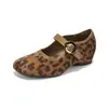 Sapatos Mary Jane Femininos Bico Redondo Split-Toe Falso Salto Escondido 2026 Novo Francês para o Trabalho Baixo Sola Lisa Estampa de Leopardo