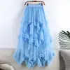 Amazon Aliexpress 2026 Primavera/Verão Saia Longa em Retalhos Irregulares de Renda com Babados de Cintura Alta Camadas para Mulheres