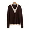 Estilo Novo de Outono Elegante Top de Seda e Lã Feminino Solto Manga Longa Casual Malha Camada Base Gola V Falso Duas Peças Suéter de Lã