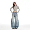 Jeans Rectos Lavados Estilo Americano Azul Claro para Mujer, Nuevo 2026 Cintura Baja Sueltos Adelgazantes Pierna Ancha Pantalones de Piso
