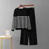 Conjunto Casual de Malha Listrada Elegante e Rejuvenescedor com Calça Wide-Leg, Moda Nova de Alta Qualidade para Primavera e Outono