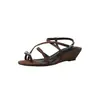 Sandalias Elegantes de Tacón de Cuña de 4 cm Estilo Francés con Tiras Finas para Mujer, Nuevas Marrones Slip-On Hebilla Metálica Sandalias de Moda de Piel de Vaca de Primera Capa