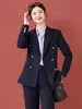 Traje Negro Profesional Set para Mujer Otoño Invierno Estudiante Universitario Entrevista Traje Profesional Examen de Funcionario Ropa de Trabajo Traje de Doble Botonadura