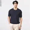 Camiseta de punto informal de color sólido retro japonés para hombre, verano, estilo Old Money, cuello redondo, versátil, manga corta, moderna