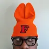 Otoño e Invierno Nuevo Transfronterizo Estilo Americano Bordado Letras Rayas Transfronterizas Bloques de Color Diseño de Orejas de Conejo Gorro de Punto Al por Mayor