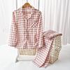 Pijama de Casal para Homens e Mulheres, Algodão Puro, Primavera e Outono, Manga Longa, Calça Longa, Gola Reversível, Xadrez, Estilo Japonês, Conjunto de Roupa para Casa Estilo Muji