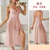 Roupão de Dormir de Renda Transpassado Europeu e Americano Feminino Decote Profundo com Alças Fenda Irregular Vestido Gaze Sexy Pijama para Casa 683