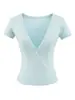 Top Atractivo y Puro de Chica Caliente con Cuello en V Profundo, Botones, Adelgazante, Ceñidor de Cintura, Manga Corta, Nueva Camiseta Corta de Verano para Yoga, Fitness, Running