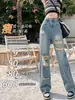 Jeans Rasgados Vintage para Mulheres, Verão 2025 Novo Modelador de Cintura Alta Versátil Design Solto Calças de Perna Larga