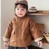 Jaqueta Estilo Coreano Cool para Meninos Outono/Inverno Roupas de Bebê Jaqueta de Couro à Prova de Vento com Gola Alta + Jeans Xadrez Espessado